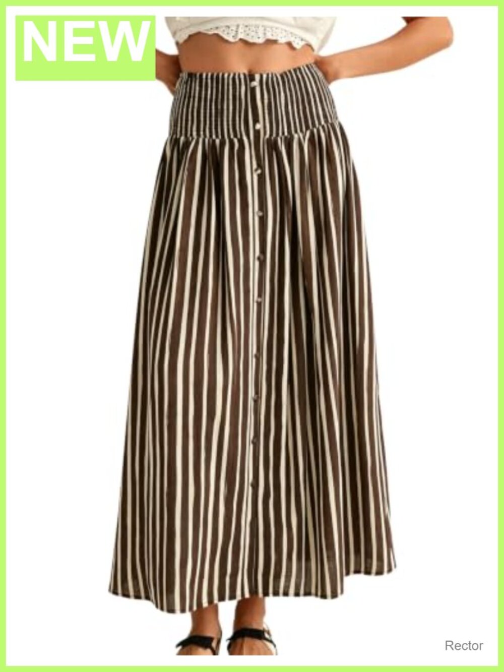 Striped Maxi Skirt A-Line Front Button Elastic Waist Pockets